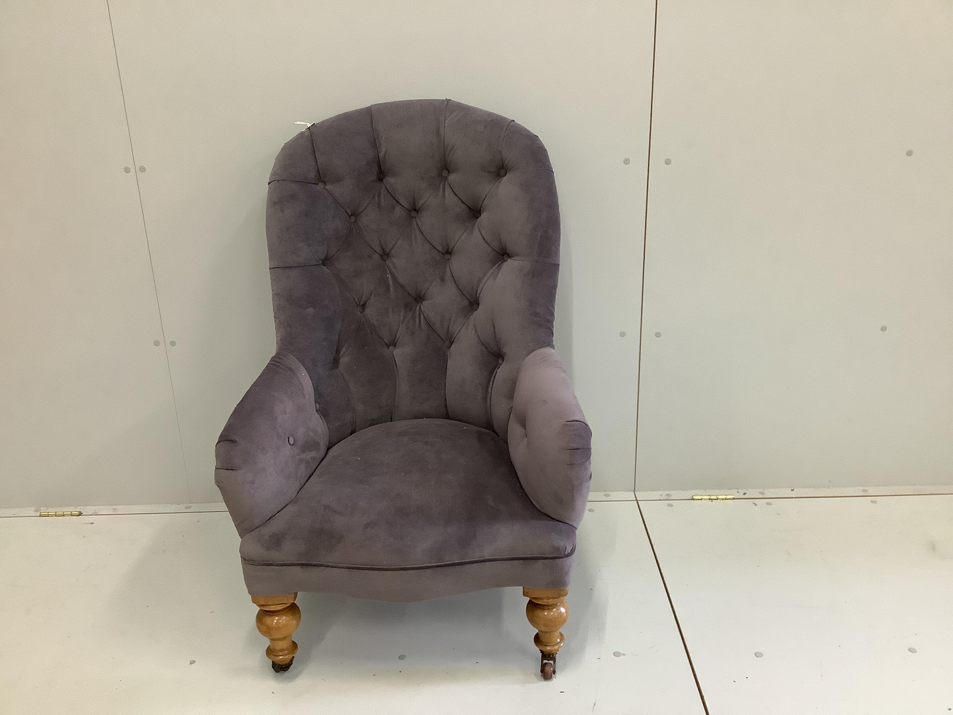 A Victorian upholstered spoonback armchair, width 68cm, depth 64cm, height 110cm